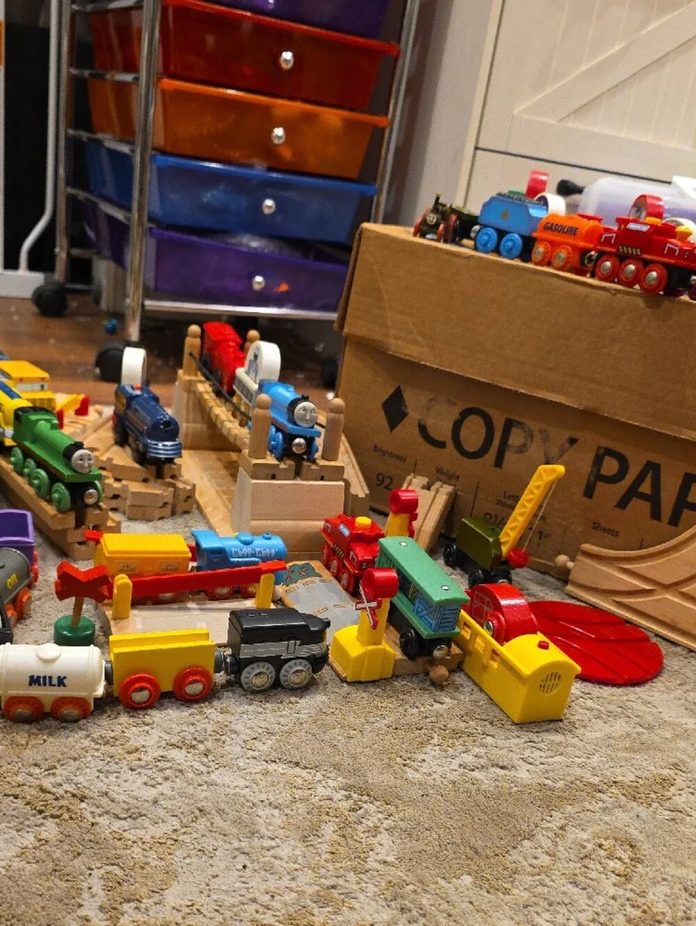 Vintage Multicolor Wooden Train Set with Engines, Cars & Tracks